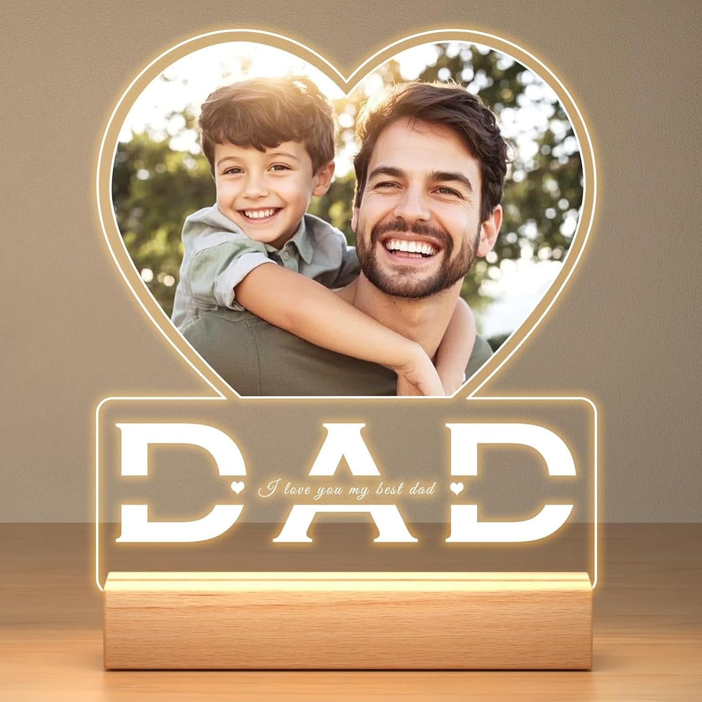 SNAPTRAP Personalized LED Acrylic Photo Lamp with Wooden Base - Dad Heart