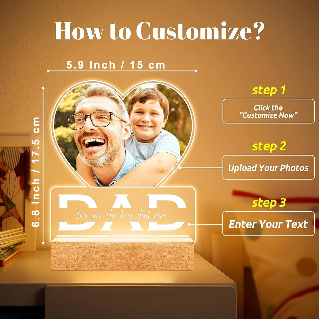 SNAPTRAP Personalized LED Acrylic Photo Lamp with Wooden Base - Dad Heart