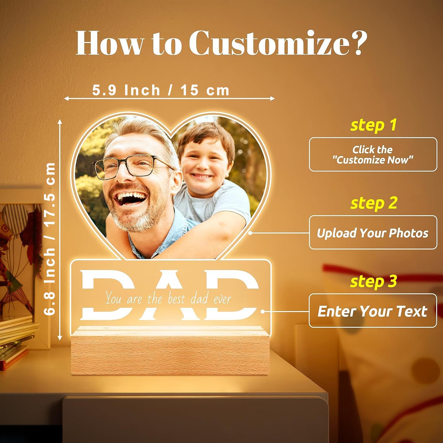 SNAPTRAP Personalized LED Acrylic Photo Lamp with Wooden Base - Dad Heart