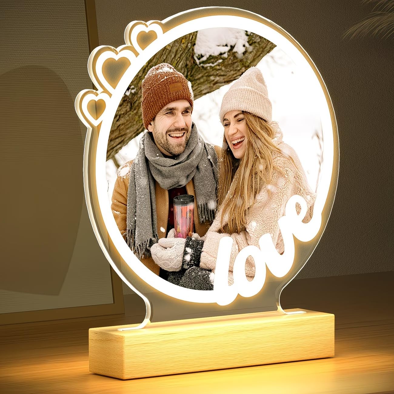 SNAPTRAP Personalized LED Acrylic Photo Lamp with Wooden Base - Love Photo Lamp