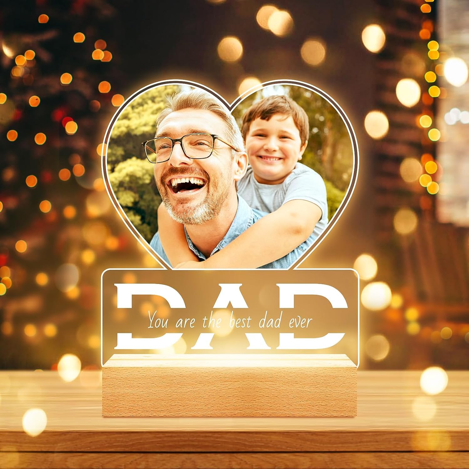 SNAPTRAP Personalized LED Acrylic Photo Lamp with Wooden Base - Dad Heart