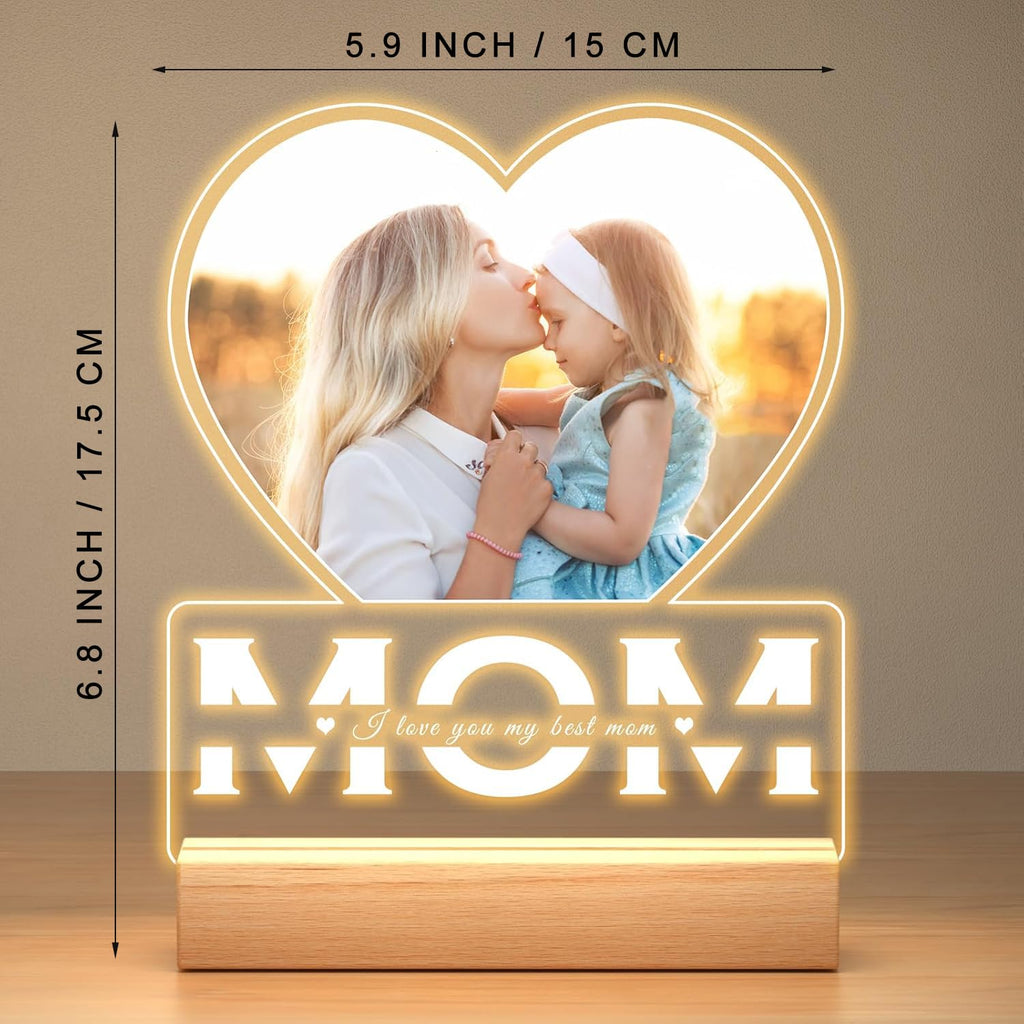 SNAPTRAP Personalized LED Acrylic Photo Lamp with Wooden Base - Mom Heart