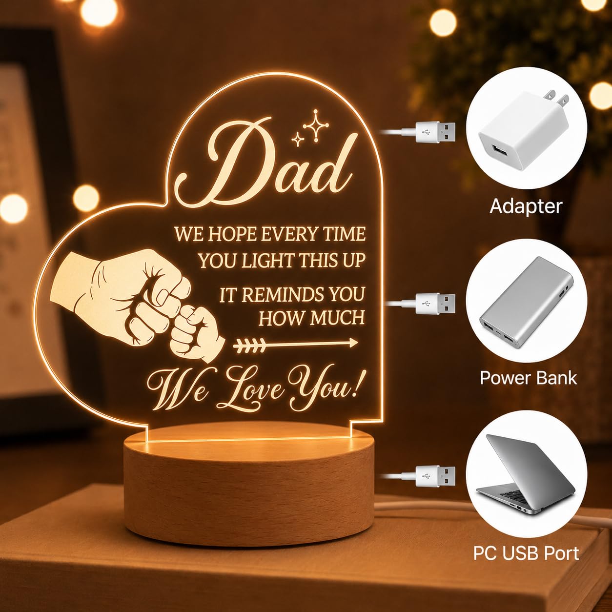 SNAPTRAP Best Dad Heart-Shaped LED Acrylic Lamp with Wooden Base - Default Title