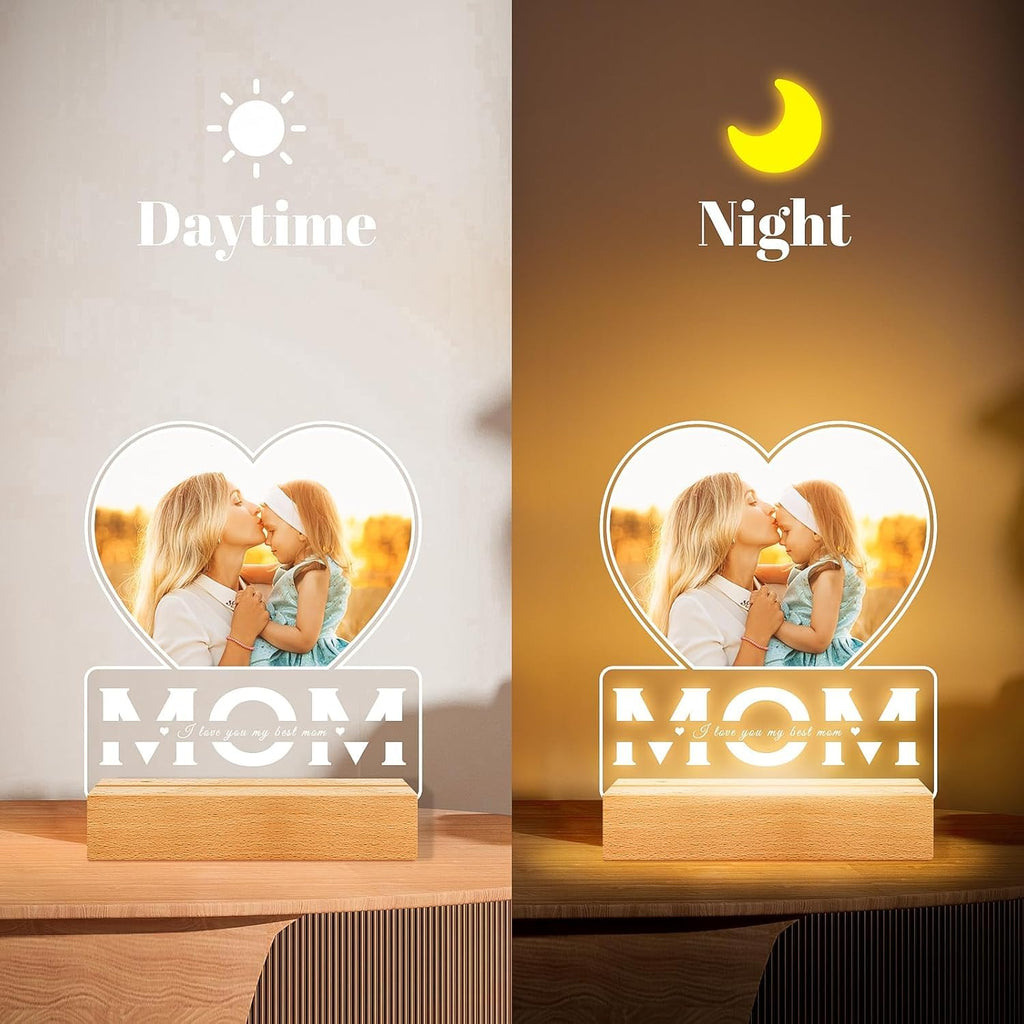 SNAPTRAP Personalized LED Acrylic Photo Lamp with Wooden Base - Mom Heart