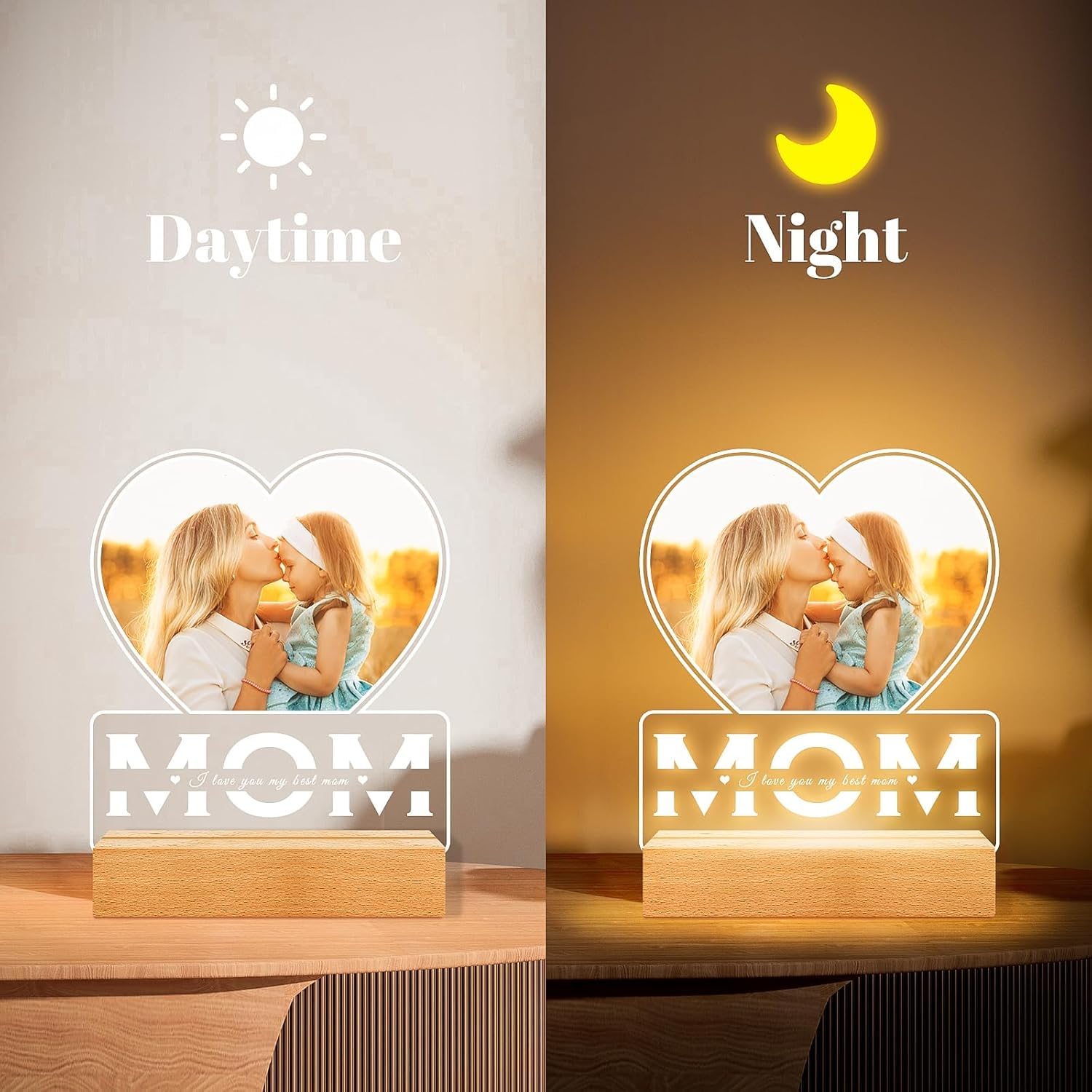 SNAPTRAP Personalized LED Acrylic Photo Lamp with Wooden Base - Mom Heart