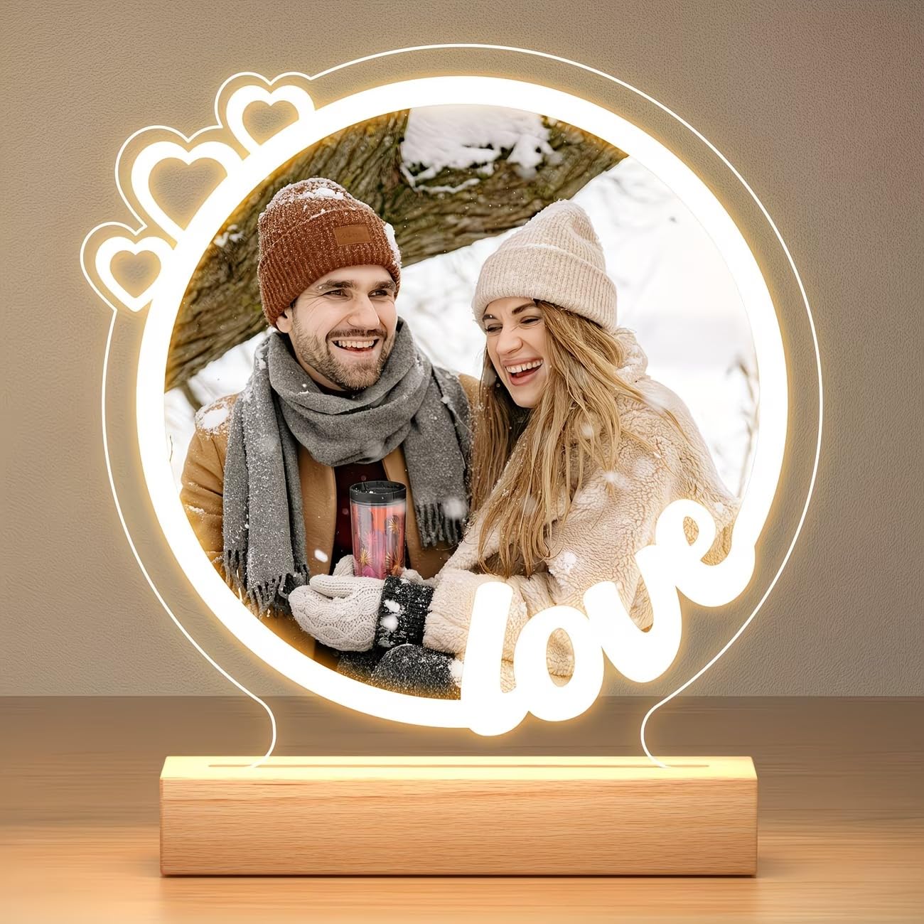 SNAPTRAP Personalized LED Acrylic Photo Lamp with Wooden Base - Love Photo Lamp