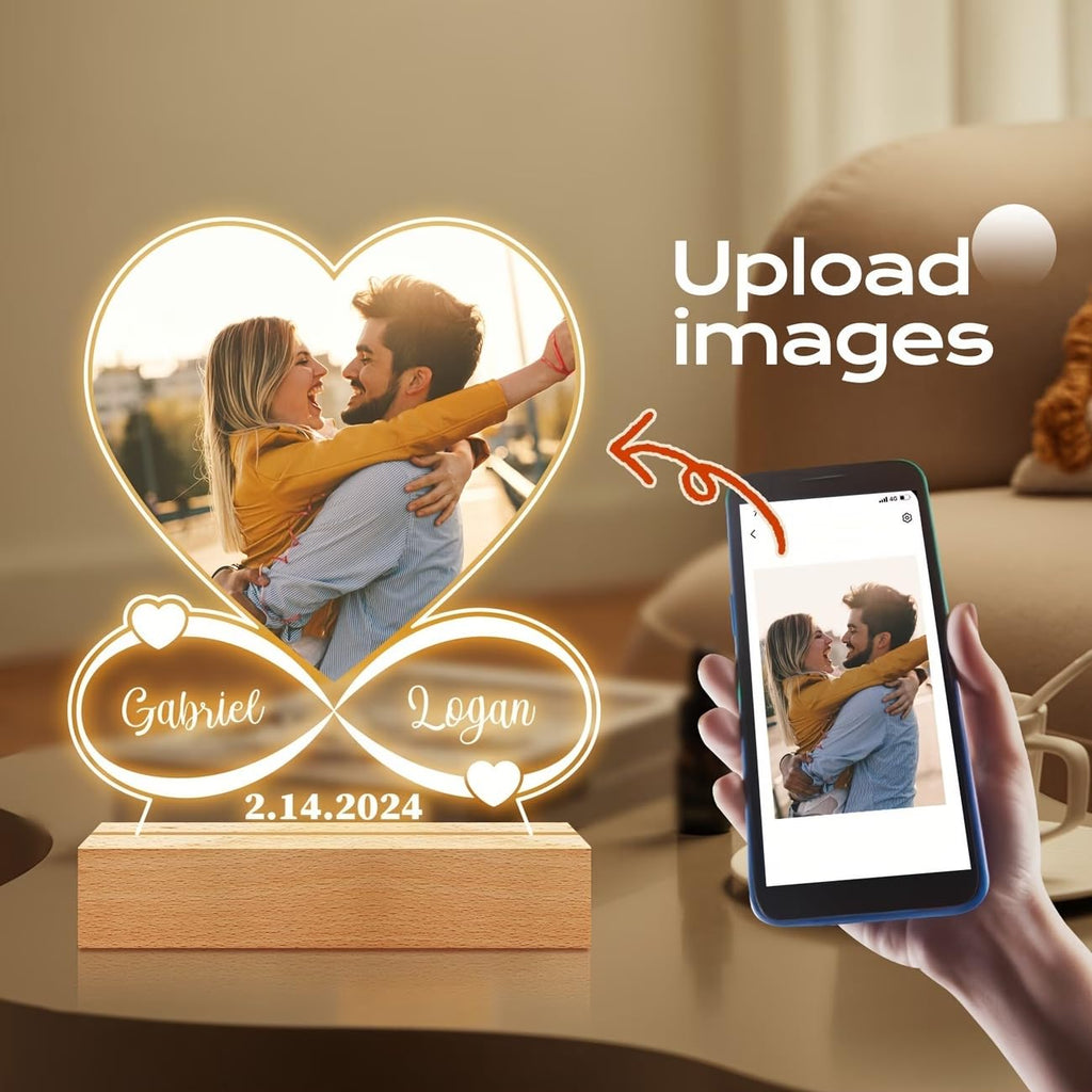 SNAPTRAP Personalized LED Acrylic Photo Lamp with Wooden Base - Heart Infinity