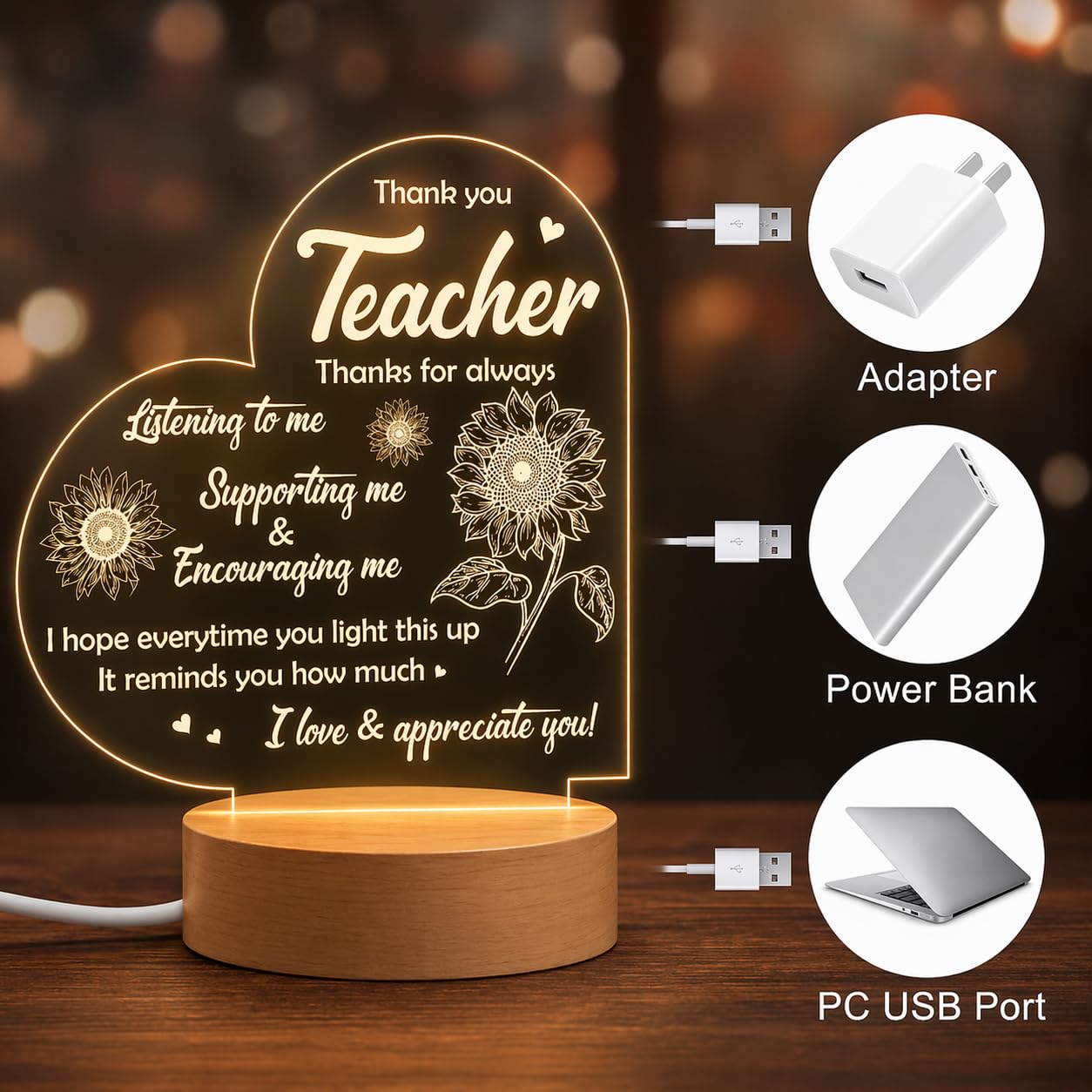 SNAPTRAP Best Teacher Heart-Shaped LED Side Table Lamp - Default Title