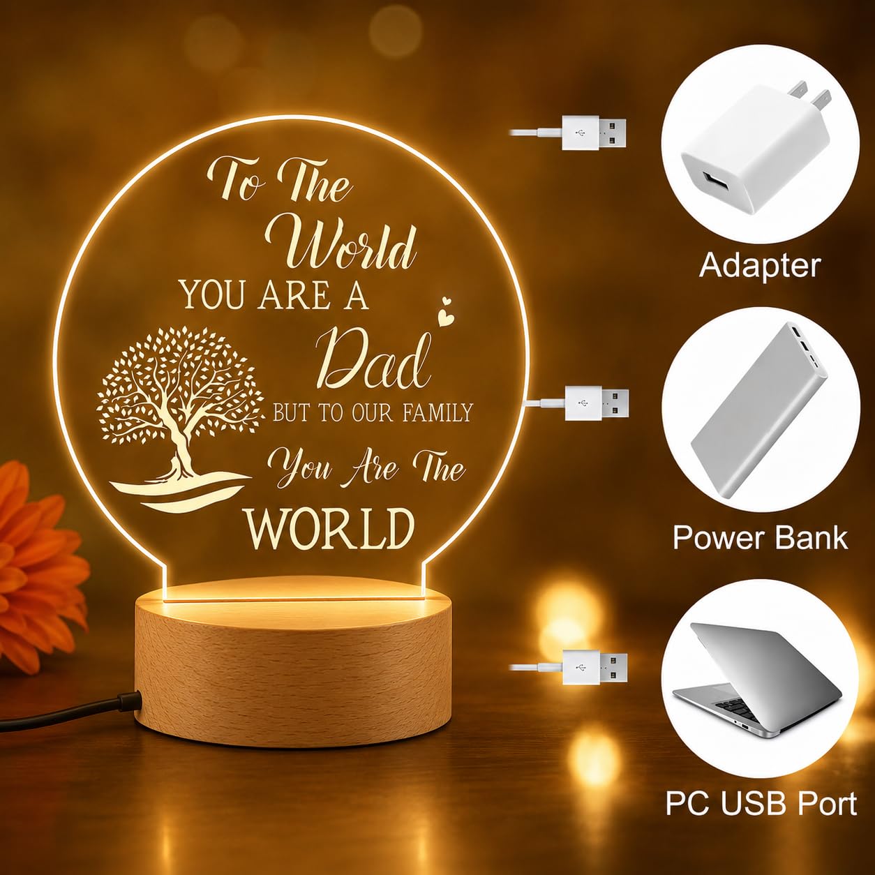 SNAPTRAP Best Dad Round LED Night Light with Wooden Base - Default Title