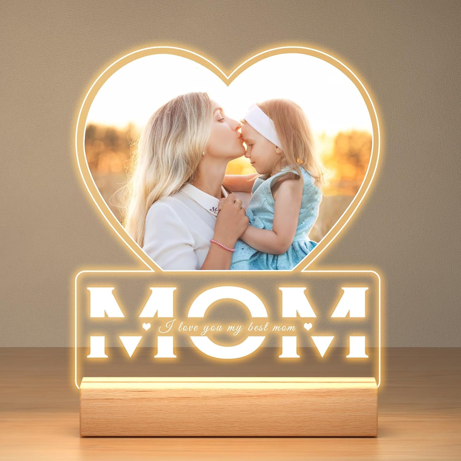 SNAPTRAP Personalized LED Acrylic Photo Lamp with Wooden Base - Mom Heart