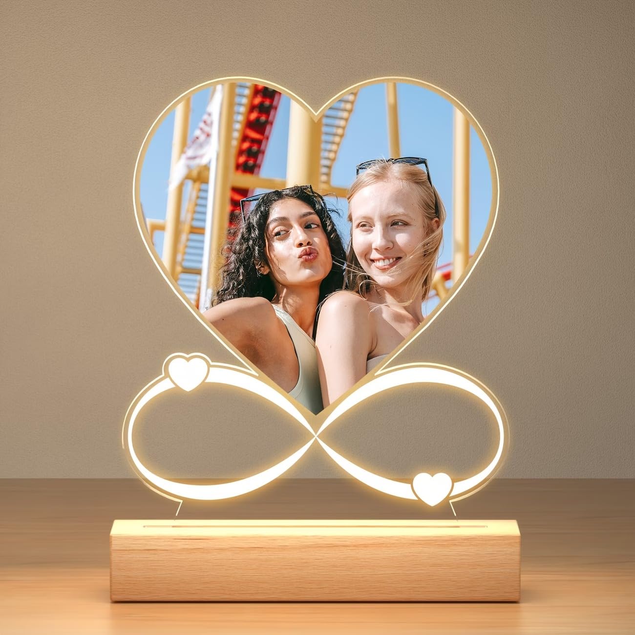 SNAPTRAP Personalized LED Acrylic Photo Lamp with Wooden Base - Heart Infinity