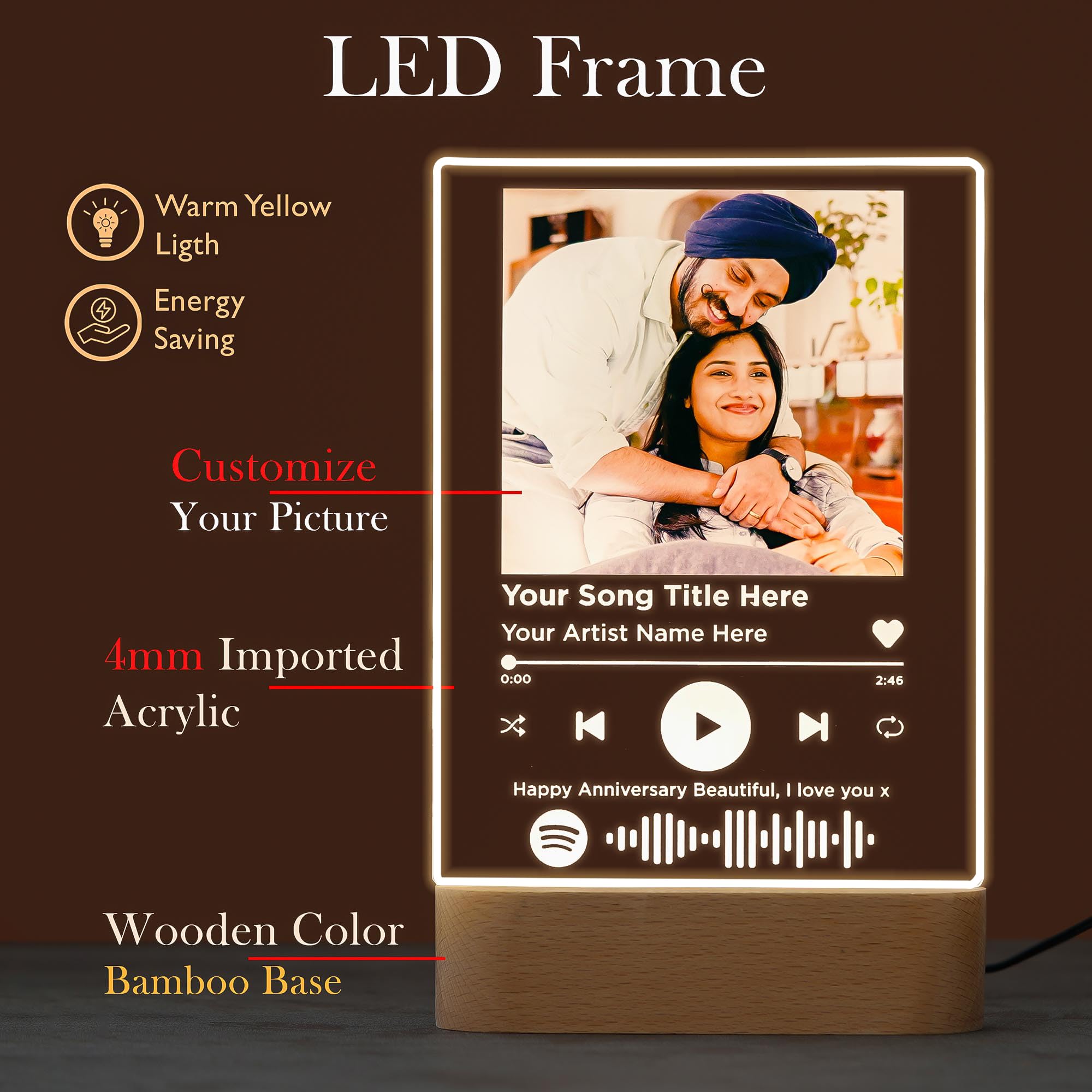 SNAPTRAP Customized Photo Spotify Plaque with Song Code, Acrylic Photo Frame Personalized Gift with Wooden LED Stand, Music Frame Spotify Frame Customised for Birthday Anniversary Wedding - Default Title