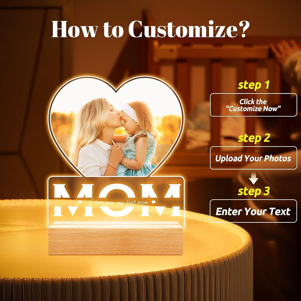 SNAPTRAP Personalized LED Acrylic Photo Lamp with Wooden Base - Mom Heart