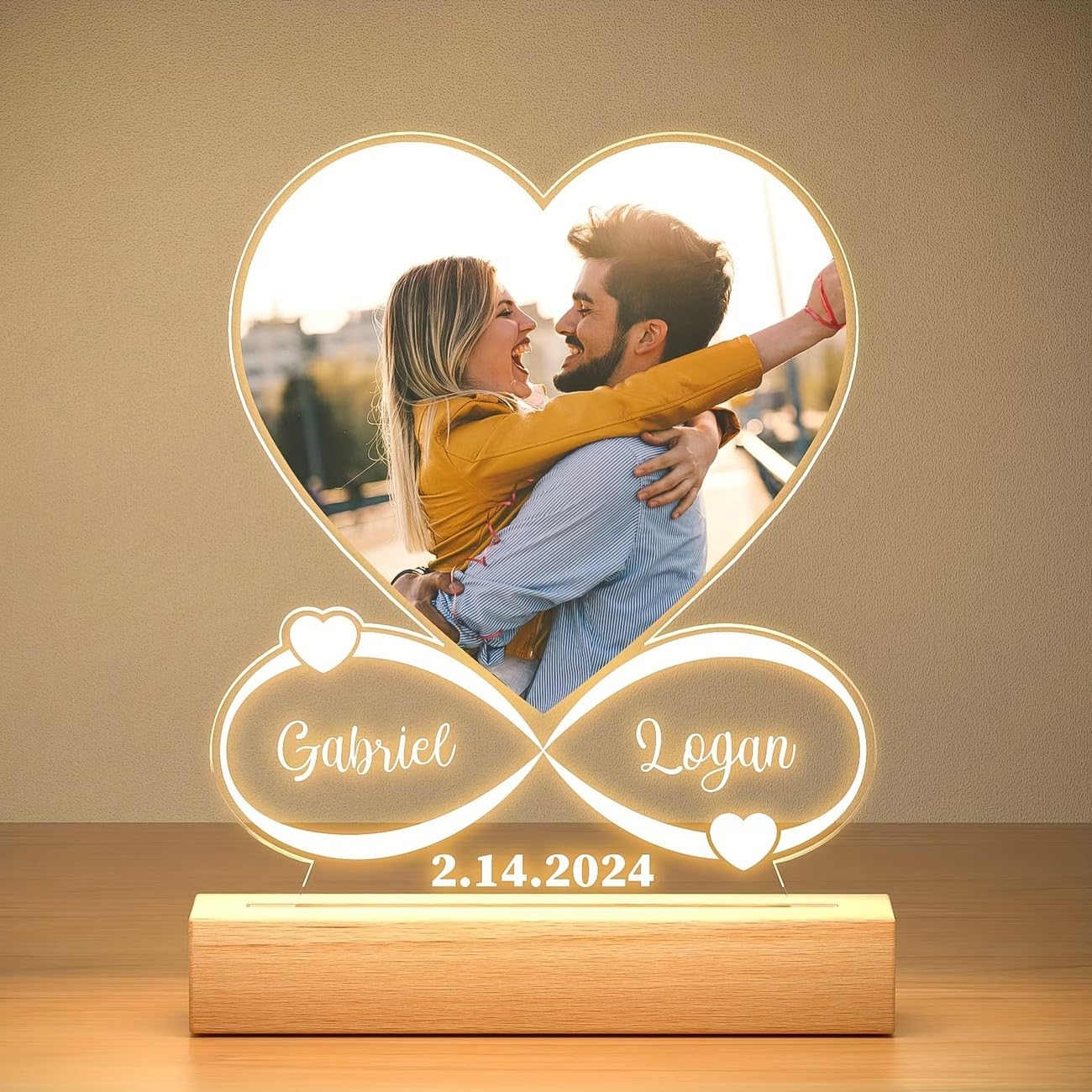 SNAPTRAP Personalized LED Acrylic Photo Lamp with Wooden Base - Heart Infinity