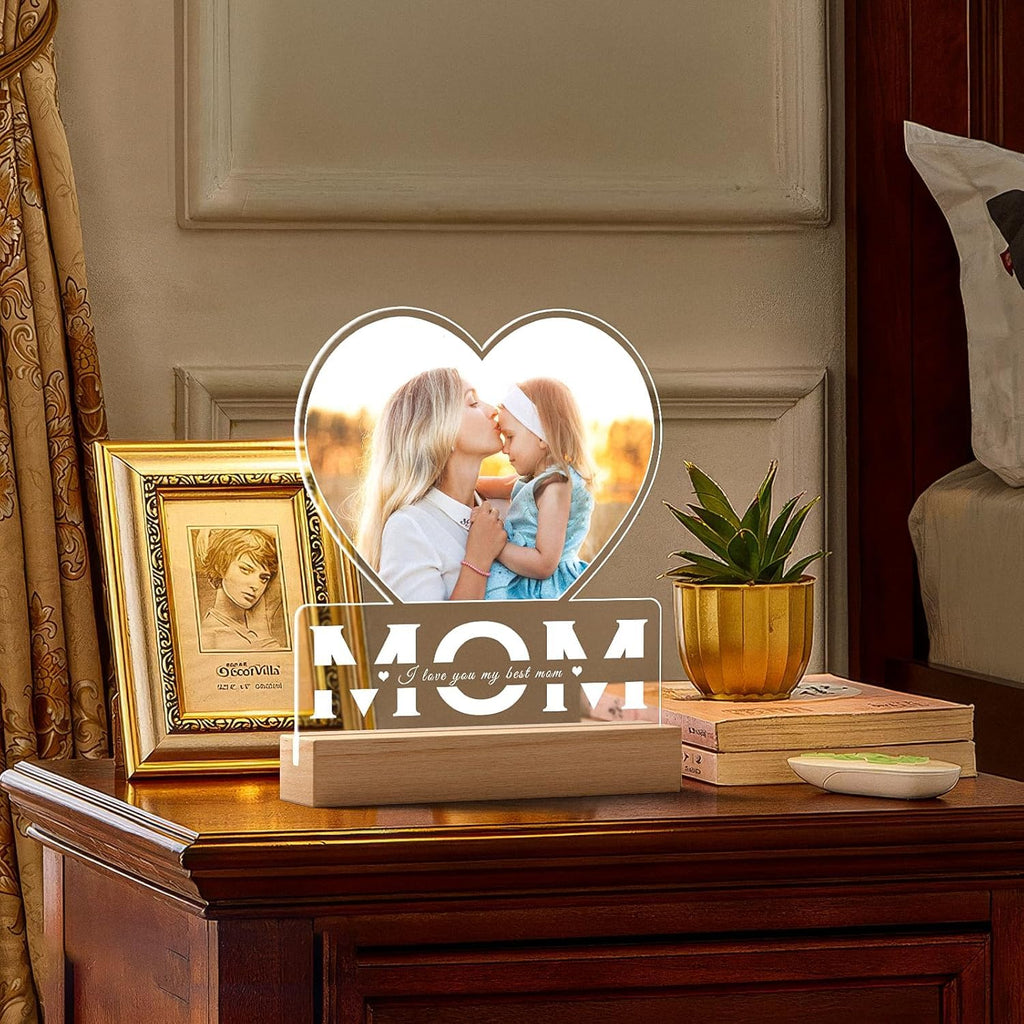 SNAPTRAP Personalized LED Acrylic Photo Lamp with Wooden Base - Mom Heart
