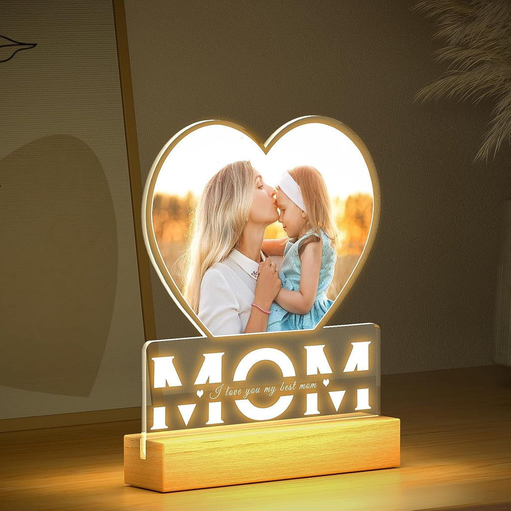 SNAPTRAP Personalized LED Acrylic Photo Lamp with Wooden Base - Mom Heart