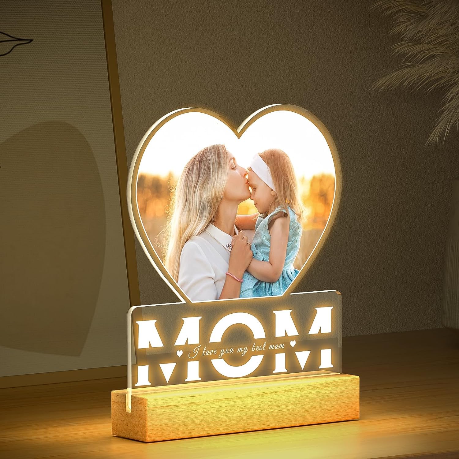 SNAPTRAP Personalized LED Acrylic Photo Lamp with Wooden Base - Mom Heart