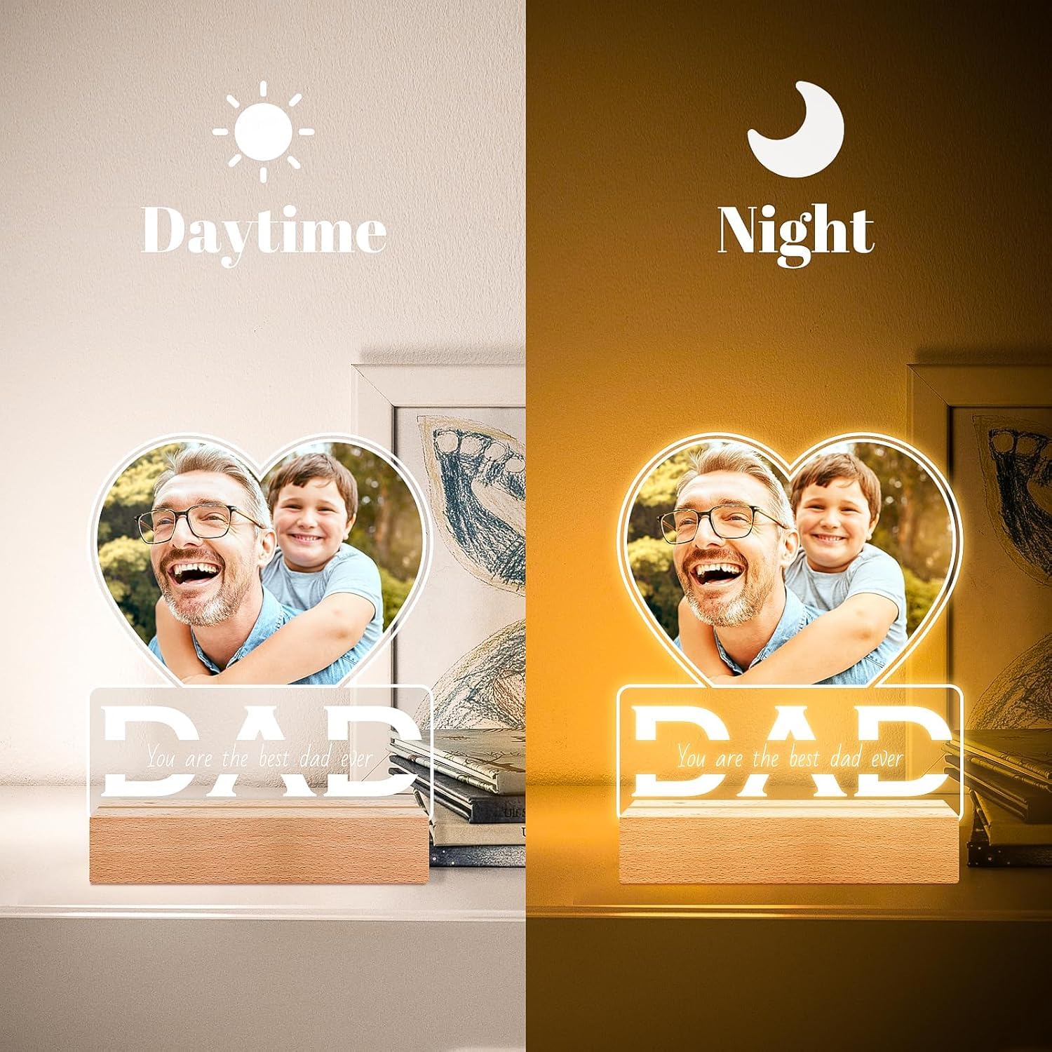 SNAPTRAP Personalized LED Acrylic Photo Lamp with Wooden Base - Dad Heart